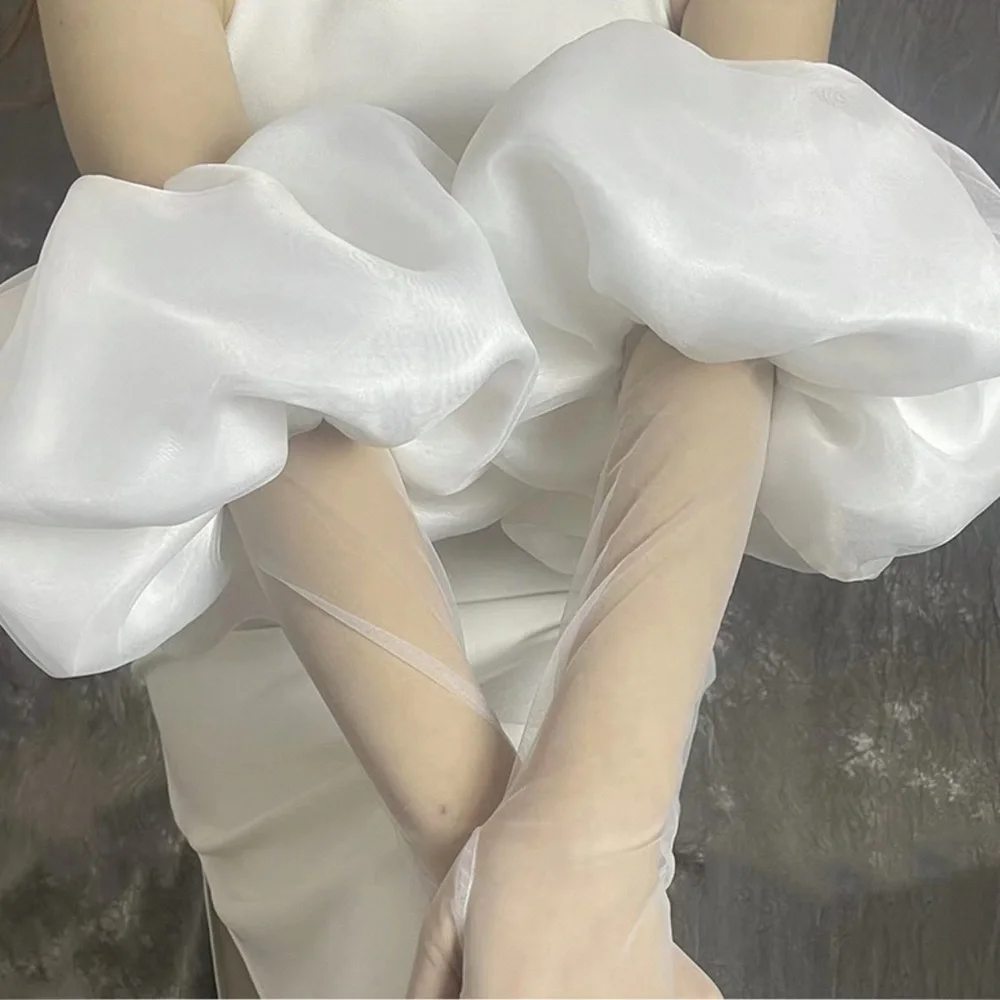 White Bridal Organza Wrist Gloves with Bow Accent